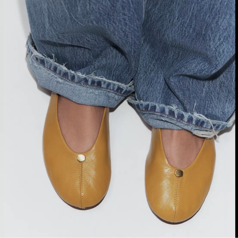 Zara Mustard Leather Ballet Flats with Gold Stud